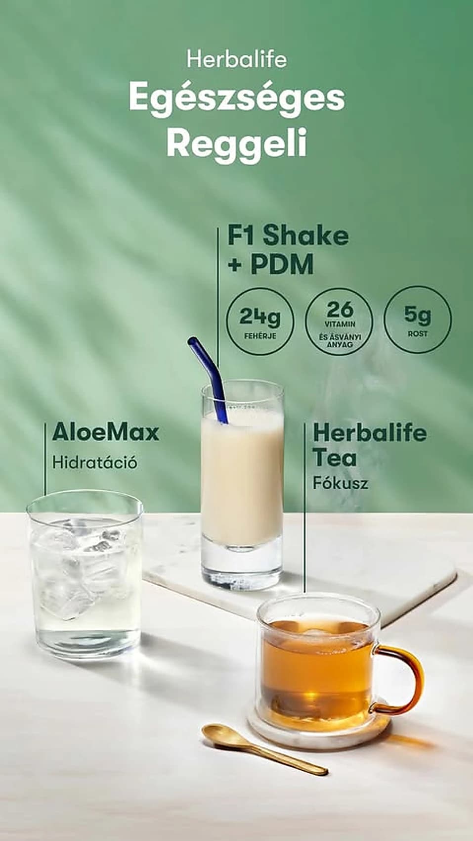 Herbalife egészséges reggeli AloeMaxszal, Formula 1 Shake-kel és gyógynövényes itallal